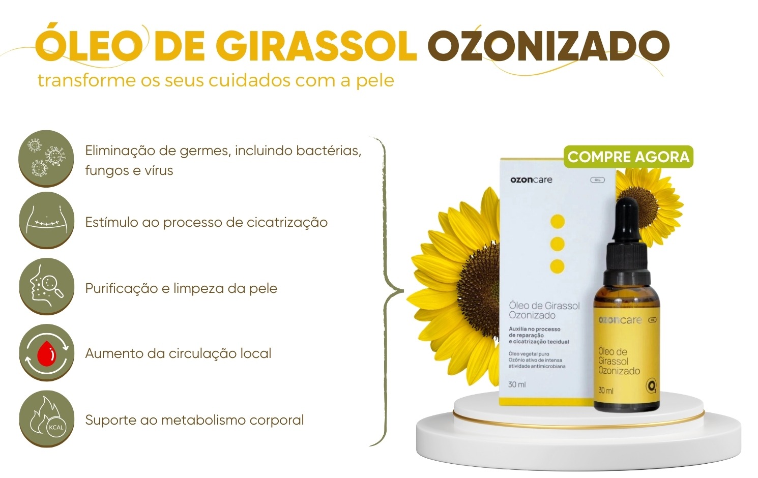 Óleo de Girassol Ozonizado 30ml - Ozoncare | BCMED